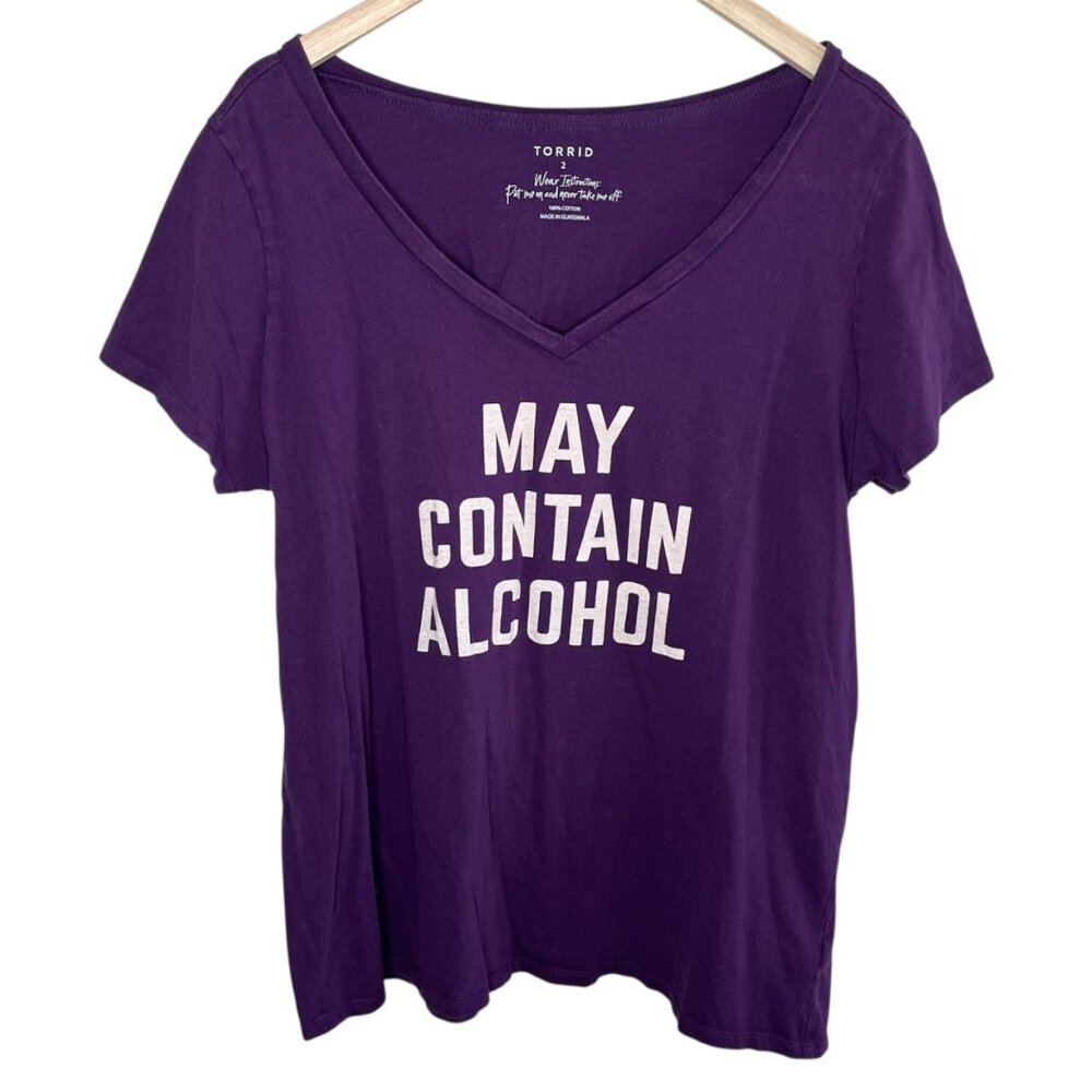 Torrid Womens "May Contain Alcohol" Purple V-Neck Cotton Short Sleeve T-Shirt 2x